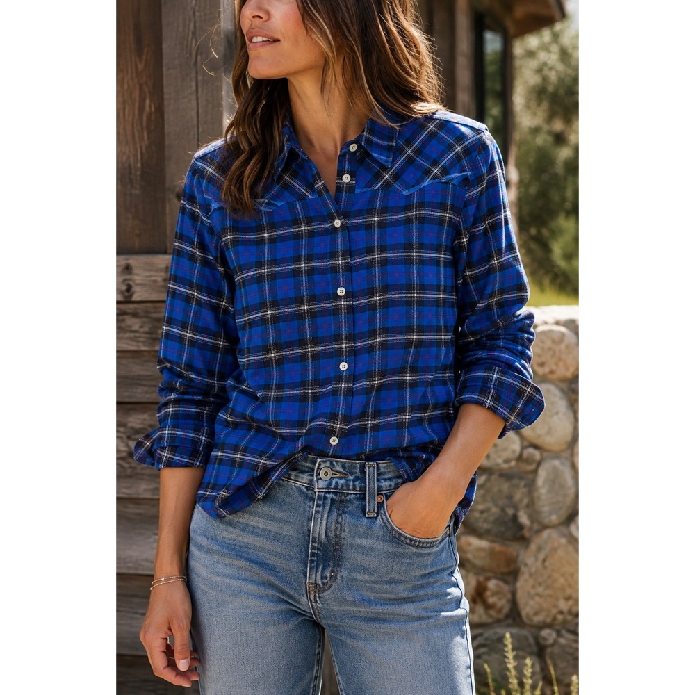 Stio Blue Plaid Cotton Flannel Western Yoke Button Down Shirt Medium